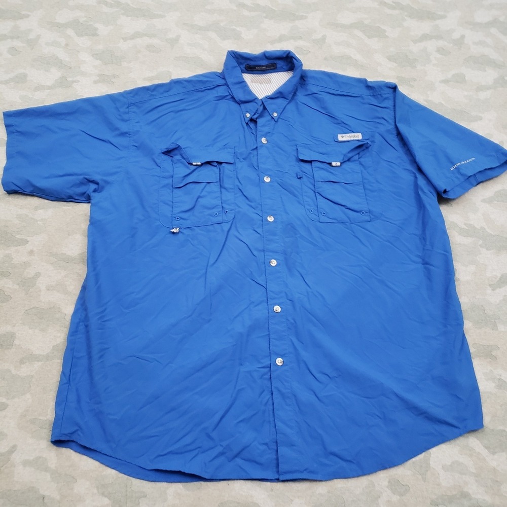 Columbia PFG Shirt Mens 2XL Blue Pockets Omni-Shade Short Sleeve Button-Up